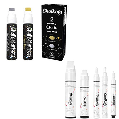 Chalkola Fun Bundle - 2 Jumbo Metallic + 5 White Variety Markers - WoodArtSupply