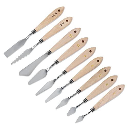 Arrtx 9 PCS Painting Knives Stainless Steel Spatula Palette Knife with Wood Handle for Oil Canvas Acrylic Painting Gouache Color Mixing Art - WoodArtSupply