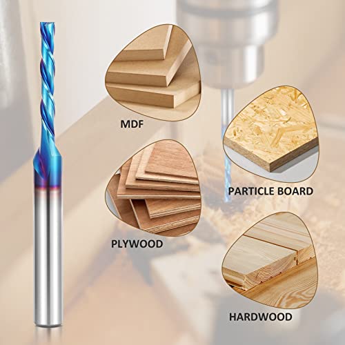 HQMaster 5 Pcs Spiral CNC Router Bits Set Down Cut 1/4” Shank Solid Carbide Spiral Downcut CNC Bits with Nano Blue Coating End Mill for Wood Cut HQMaster