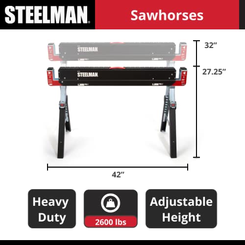 Steelman Adjustable Height Work Table Folding Sawhorses, Set of Two, Durable Steel Construction, Folding Legs, 2x4 Table Support Arms, 2,600 lb. Steelman