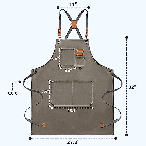 Bluegogo Chef Aprons for Men Women, Cotton Canvas Cross Back Adjustable Apron with Large Pockets for Kitchen Garden Salon,Size M to XXL (Grey) - WoodArtSupply