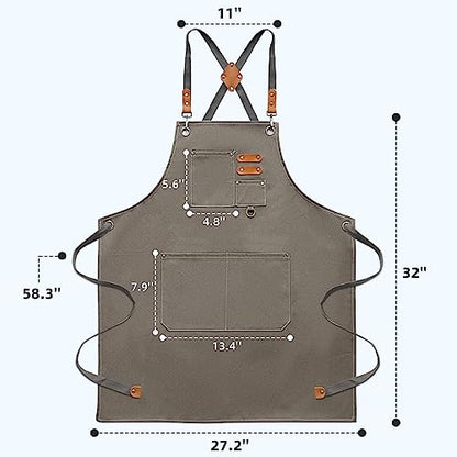 Bluegogo Chef Aprons for Men Women, Cotton Canvas Cross Back Adjustable Apron with Large Pockets for Kitchen Garden Salon,Size M to XXL (Grey) - WoodArtSupply