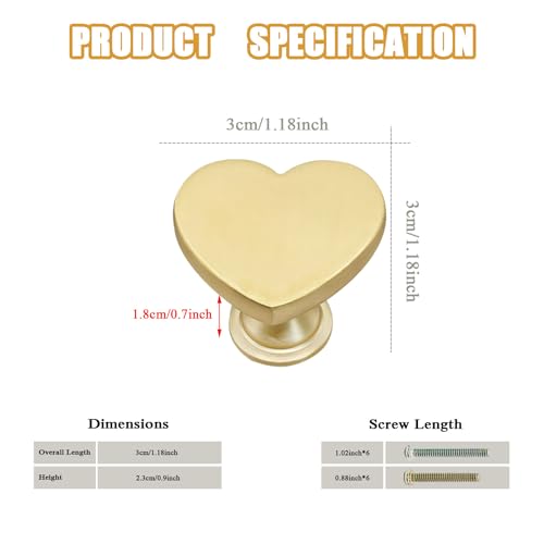 YYMSEN 6 Pcs Brass Drawer Knobs Drawer Pulls Handles Heart-Shaped Gold Cabinet knobs, Suitable for Bathroom Drawer Kitchen Door Pulls Handles YYMSEN