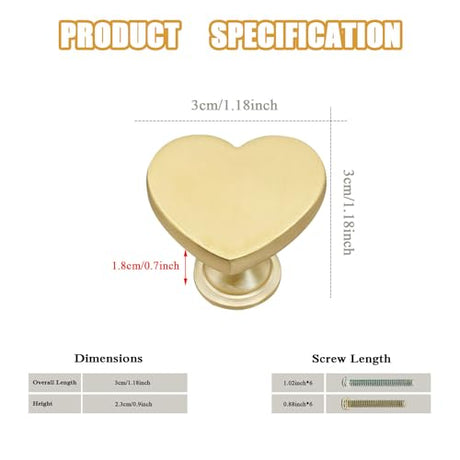 YYMSEN 6 Pcs Brass Drawer Knobs Drawer Pulls Handles Heart-Shaped Gold Cabinet knobs, Suitable for Bathroom Drawer Kitchen Door Pulls Handles YYMSEN