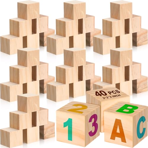 Halloscume 40 Pcs 2 Inch Wooden Blocks Unfinished Wooden Blocks for Crafting Plain Wooden Block for Craft Natural Craft Wood Square Blank Wooden - WoodArtSupply