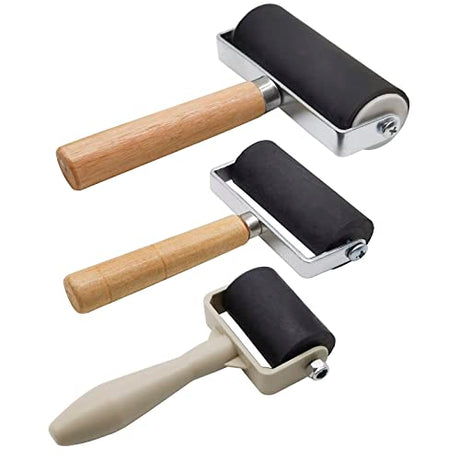 3 Pack Rubber Brayer Roller,1.4/2.4/4 Inch Hard Rubber Brayer Rollers,Art Craft Roller for Printmaking,Ink,Wallpapers Stamping Gluing WoodArtSupply
