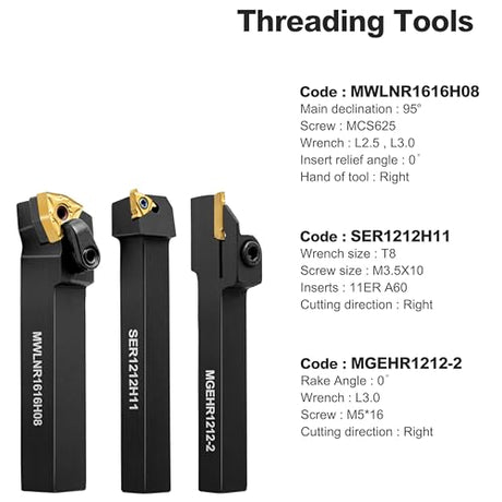 Metal Lathe Cutting Tools - 7PCS 1/2" Turning Holder Boring Bars with 7pcs Indexable Carbide Inserts CCMT060204 DCMT070204 11IR 16ER MGMN200-G IWONGO