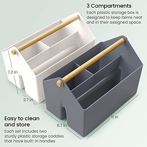 Arteza Plastic Portable Craft Storage Organizer, Pack of 2, Gray and Ivory, 3-Sectioned Plastic Basket with Handle, Caddy Organizer for Art Supplies, ARTEZA