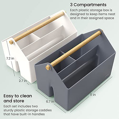 Arteza Plastic Portable Craft Storage Organizer, Pack of 2, Gray and Ivory, 3-Sectioned Plastic Basket with Handle, Caddy Organizer for Art Supplies, - WoodArtSupply