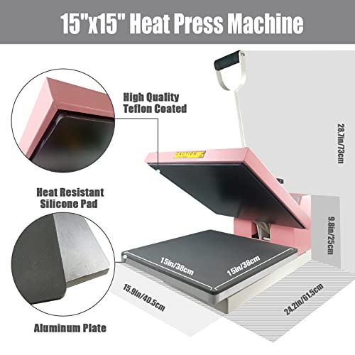 BetterSub Print T-Shirt Machine DIY Digital Industrial Quality Heat Press Machine Clamshell Transfer Sublimation Print Press Machine 15‘’x 15'' Pink BetterSub