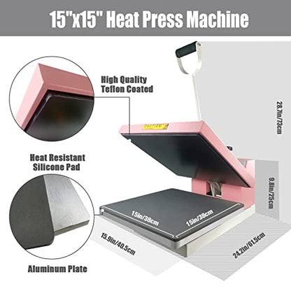 BetterSub Print T-Shirt Machine DIY Digital Industrial Quality Heat Press Machine Clamshell Transfer Sublimation Print Press Machine 15‘’x 15'' Pink - WoodArtSupply