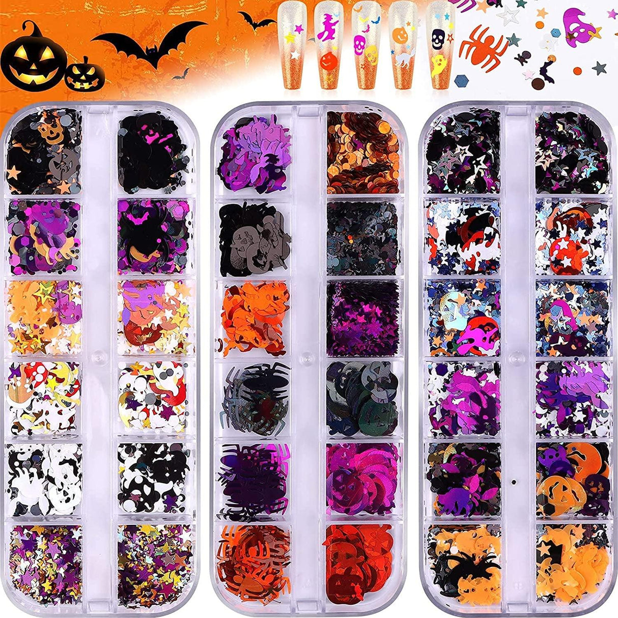 3 Boxes Halloween Nail Art Glitter Sequins, 3D Holographic Skull Spider Pumpkin Bat Ghost Witch Halloween Confetti Glitter for DIY Nail Art Halloween WoodArtSupply