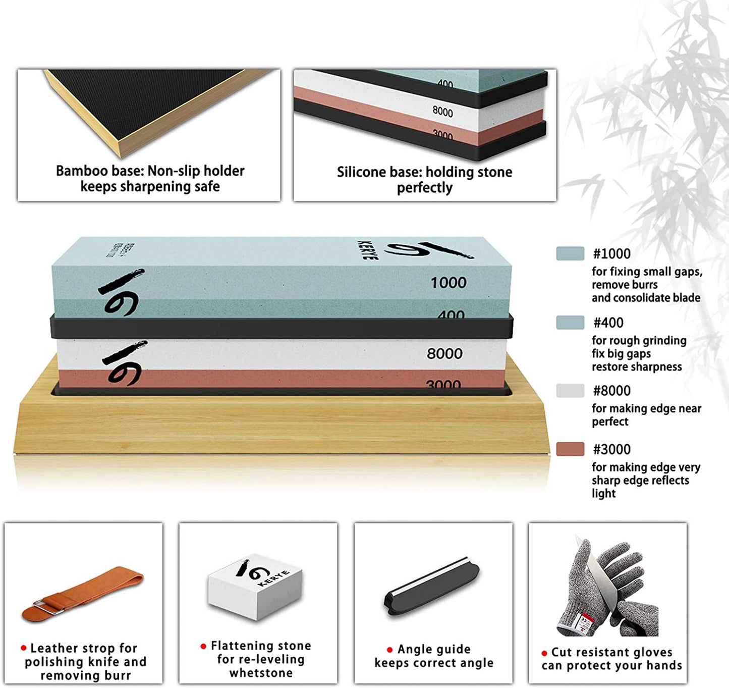 Knife Sharpening Stone Kit,  Professional Japanese Whetstone Sharpener Stone Set, Premium 4 Side Grit 400/1000 3000/8000 Water Stone, Flattening Stone, Angle Guide, Leather Strop, anti Cut Gloves