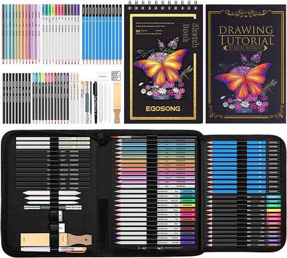 73 Drawing Set Sketching Kit,Pro Art Sketch Supplies with Sketchbook,Tutorial,Graphite,Colored - WoodArtSupply