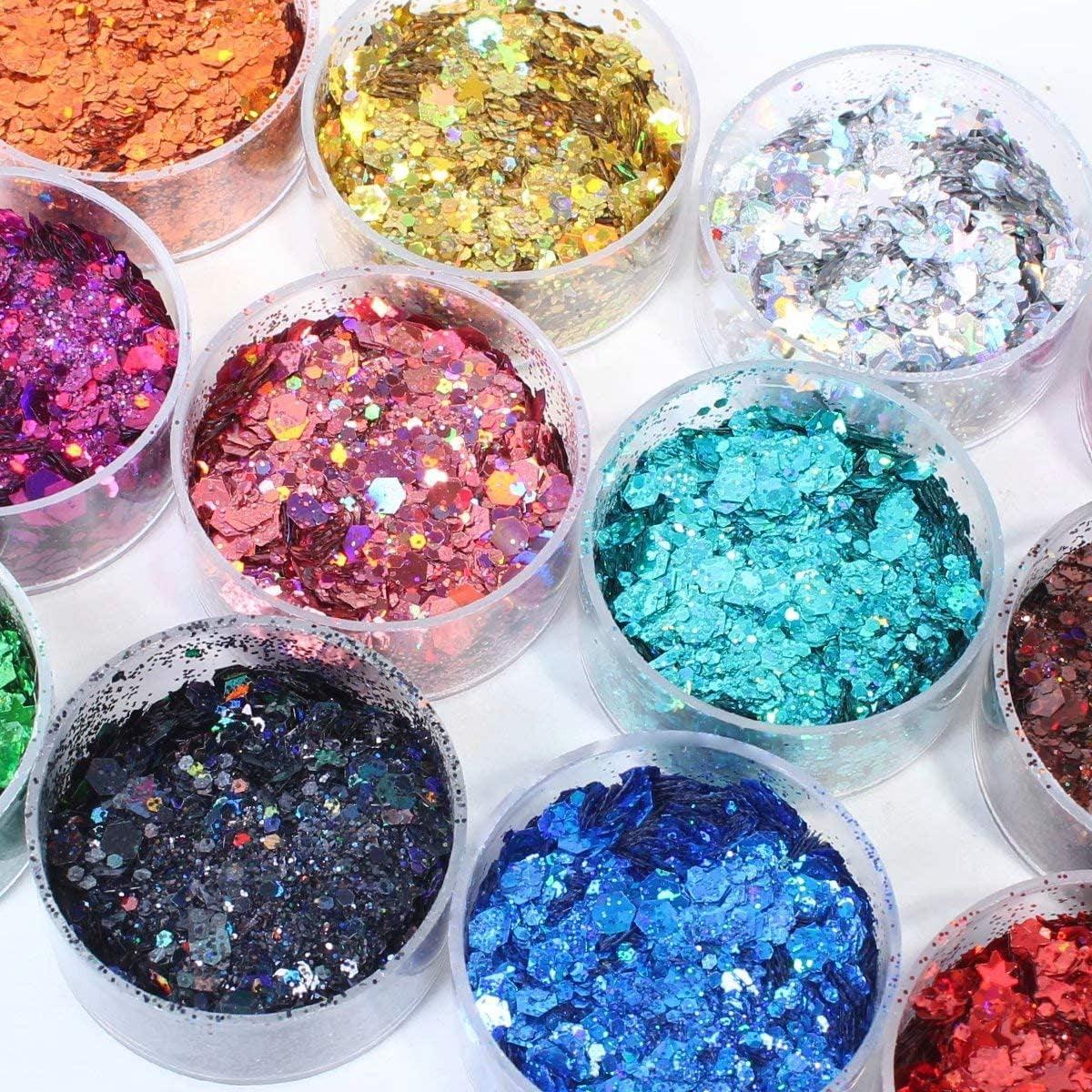 Holographic Chunky Glitter, Set of 12, Craft Glitter for Resin Art Crafts, Cosmetic Glitter for Nail Body Face Eye, Epoxy Resin Glitter Sequin Flake Sparkle for Slime Tumbler Jewelry Making - WoodArtSupply