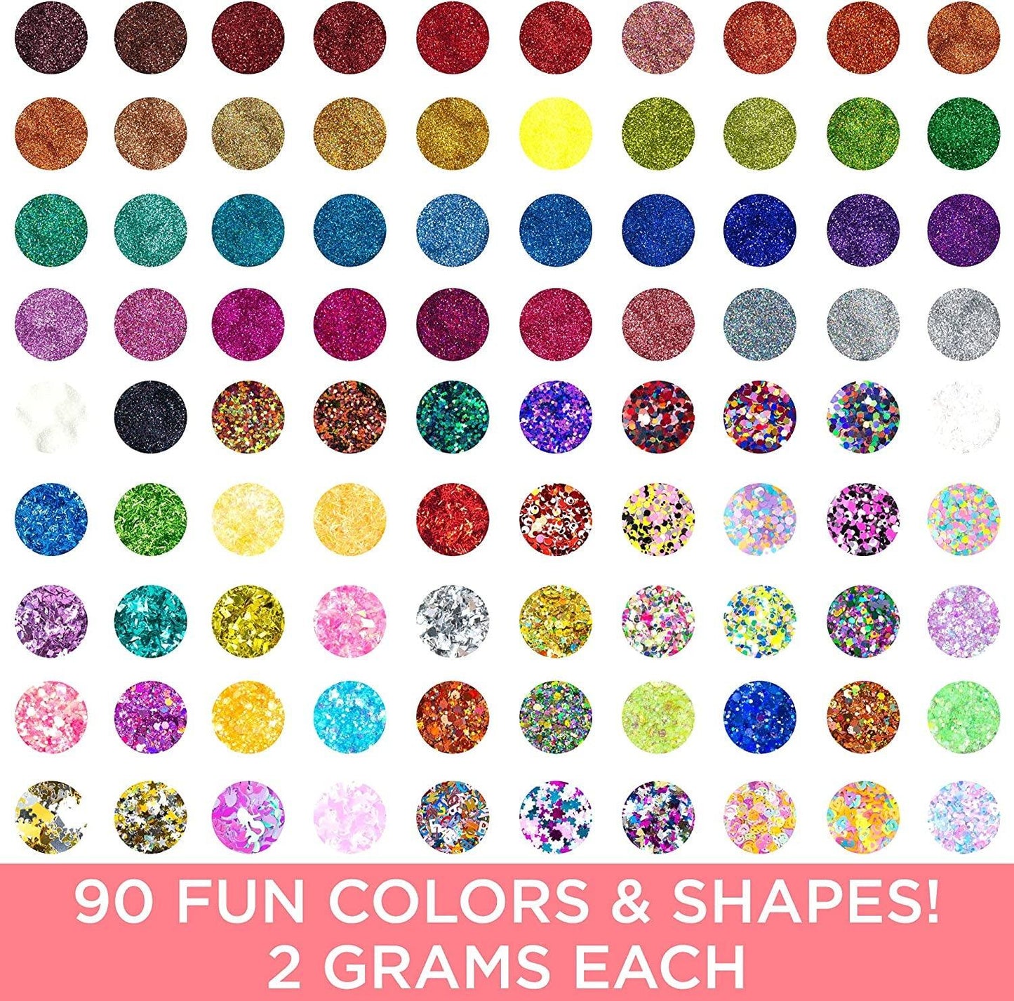 Assorted Glitter 90 Pack, Includes Fine, Neon Glitter, Shapes, Foil Glitter & More, Great for Resin Projects, Group Arts and Crafts, DIY Projects, Back to School Supplies & Art Class - WoodArtSupply