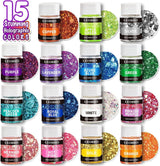 Holographic Chunky Glitter, 15 Colors Craft Glitter for Resin, with 5PCS Mixing Spoon, Cosmetic Glitter for Nail Body Eye Face, Resin Glitter Flakes WoodArtSupply