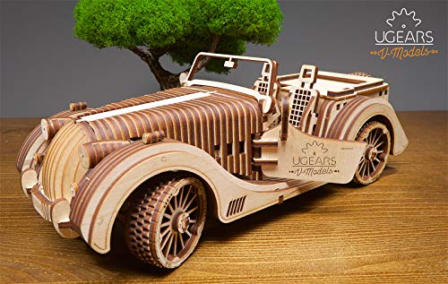 UGEARS VM-01 Roadster Vehicle – 3D Wooden car DYI – Fun Projects for Adults– 3D Mechanical Working Model Idea – Plywood Material with Transmission