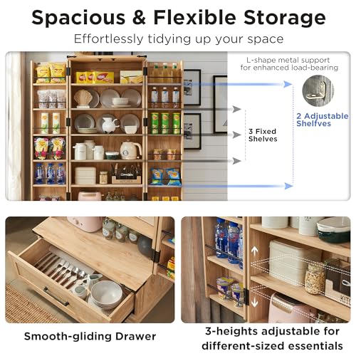 ACCOHOHO 72" Tall Rattan Kitchen Pantry Cabinet with Drawer, Boho Storage Cabinet with 2 Rattan Doors and Shelves, Versatile Large Cabinet for Dining ACCOHOHO
