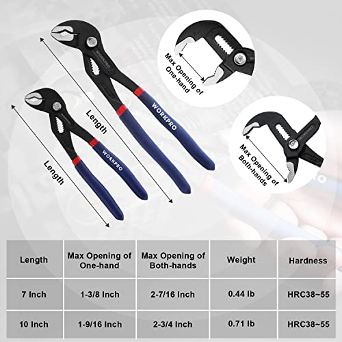 WORKPRO 2 Piece Groove Joint Pliers Set, 7 & 10-Inch Fast Adjustable Water Pump Pliers, V-Jaw Tongue and Groove Pliers in CRV Steel WORKPRO