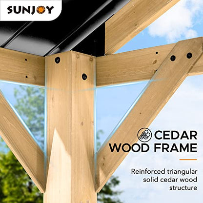 Sunjoy Wood Gazebo 13 x 15 ft. Outdoor Patio Premium Cedar Frame Gazebos with Matte Black Steel Gable Hardtop Roof for Garden, Backyard Shade, Black