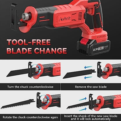 Avhrit Reciprocating Saw,Upgraded 4000mAh Battery and Fast Charger,21V Cordless Reciprocating Saw with 0-3000RPM Variable Speed, 6 Saw