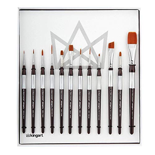 KINGART 1070B Premium Precision Mixed Media Artist Paint Brushes Set of 12, Ergonomic Comfort Short Handle, Oil, Watercolor, Acrylic Painting, Gift KINGART