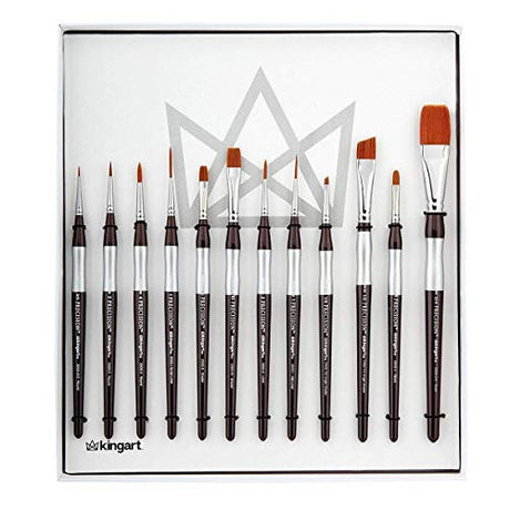 KINGART 1070B Premium Precision Mixed Media Artist Paint Brushes Set of 12, Ergonomic Comfort Short Handle, Oil, Watercolor, Acrylic Painting, Gift KINGART