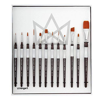 KINGART 1070B Premium Precision Mixed Media Artist Paint Brushes Set of 12, Ergonomic Comfort Short Handle, Oil, Watercolor, Acrylic Painting, Gift