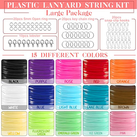 KAMJUNTAR Lanyard String,15 Rolls Gimp String Plastic Lacing Cord Plastic String Lanyard Kit for Friendship Bracelets Jewelry Making DIY Craft KAMJUNTAR