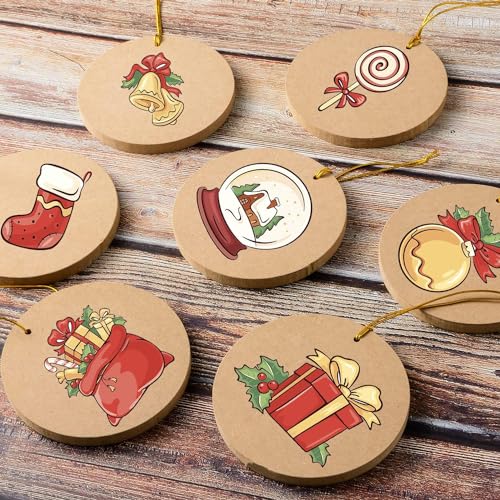 36 Pcs Wooden Christmas Ornaments Unfinished MDF Wood Round Cutouts with Hole 3.9 Inch Blank Round Wood Discs Slices with Twine for DIY Crafts Xmas