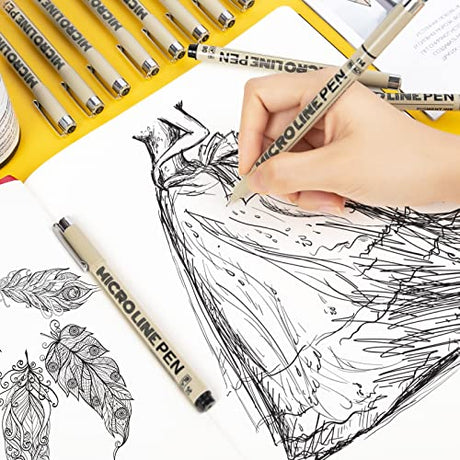 Micro-Pen Fineliner Ink Pens, 12 Pack Black Micro Fine Point Drawing Pens Waterproof Archival Ink Multiliner Pens for Artist Illustration, Sketching, KERIFI