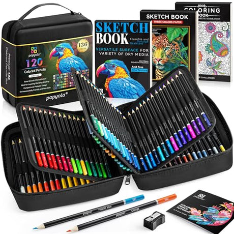 POPYOLA 136 Pack Colored Pencils Set with Portable Gift Case, Art Supplies 120 Colored Pencils, 3-Color Sketch Book, Coloring Book, Sketchbook, POPYOLA