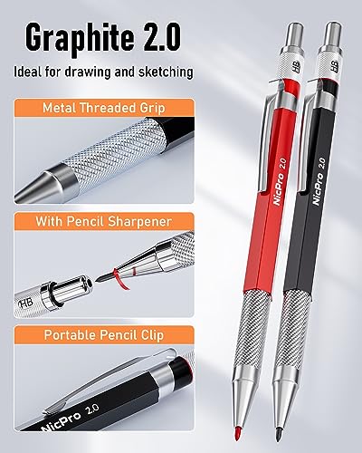 Nicpro 15 Pack Carpenter Pencil Set with Sharpener, Mechanical Carpenter Pencils with 40 Refill, Automatic Center Puncha and Carbide Scribe Tool, Nicpro