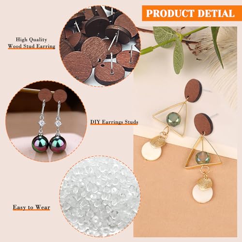 50pcs Wooden Stud Earrings Post for Jewelry Making,Wood Earring Posts with Loop Walnut Wood Stud Earring Blanks with 100pcs Plastic Ear Nuts for DIY Oubaka