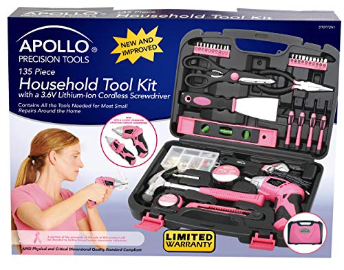 Apollo 135 Piece Household Tool Kit Pink with Pivoting Dual-Angle 3.6 V Lithium-Ion Cordless Screwdriver - DT0773N1 - WoodArtSupply