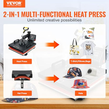 VEVOR 15x15 Heat Press Machine 2 in 1 Combo(with Hat Press), 360° Swing Away Digital Tshirt Press Machine, Clamshell Heat Transfer Sublimation for