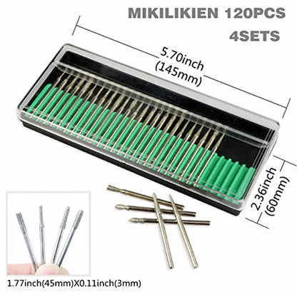 Diamond Burr Bits,MIKILIKIEN Drill Kit for Rotary Tool Metal Woodworking Router Grinding Engraving Carving- 1/8"(3mm) Shank Pack of 120Pcs/ 4Sets