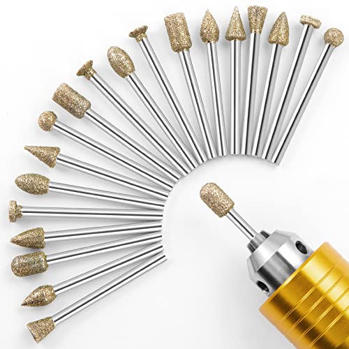 Diamond Grinding Burr Bit Set，20Pcs Rotary Tool Accessories Stone Carving Set with 1/8 inch Shank for Stone Ceramic Glass Carving, Grinding, shengbenhao