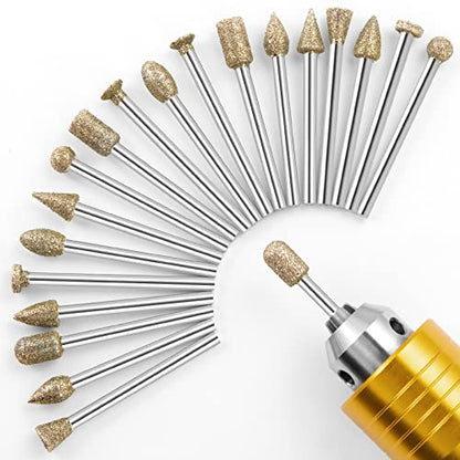 Diamond Grinding Burr Bit Set，20Pcs Rotary Tool Accessories Stone Carving Set with 1/8 inch Shank for Stone Ceramic Glass Carving, Grinding, - WoodArtSupply