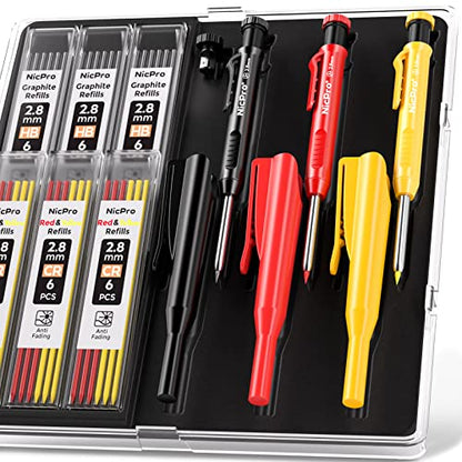 Nicpro 3 Pack Carpenter Pencil with Sharpener & Cap, Mechanical Carpenter Pencils with 39 Refills (Red, Black, Yellow), Deep Hole Marker Construction - WoodArtSupply