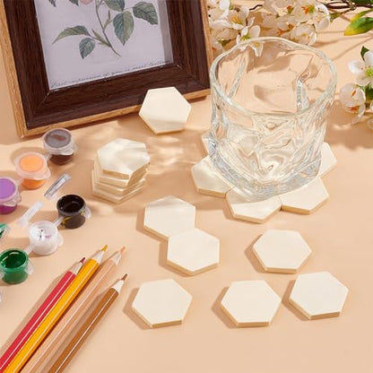 OLYCRAFT 100PCS Hexagon Wood Pieces Unfinished Wood Hexagon Pieces 1.5x1.3x0.2 Inch Natural Wood Hexagon Cutout Wood Hexagon Blank Slices for DIY