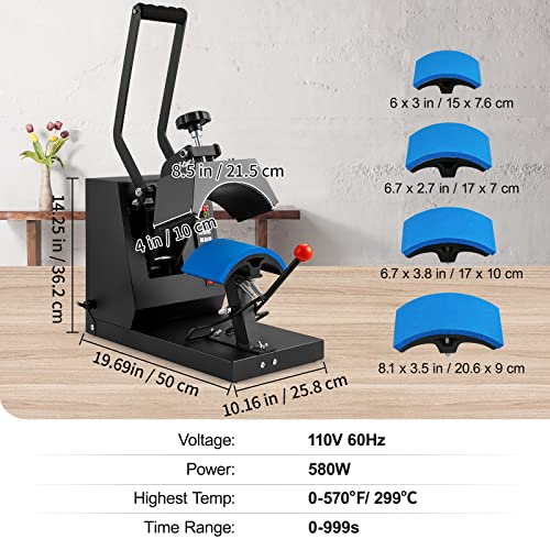 VEVOR 4-in-1 Heat Press Machine for Hats with 6x3inches Curved Teflon-Coated Heat Plate, Easy Temperature Control Non-Slip Base, Four Replaceable VEVOR