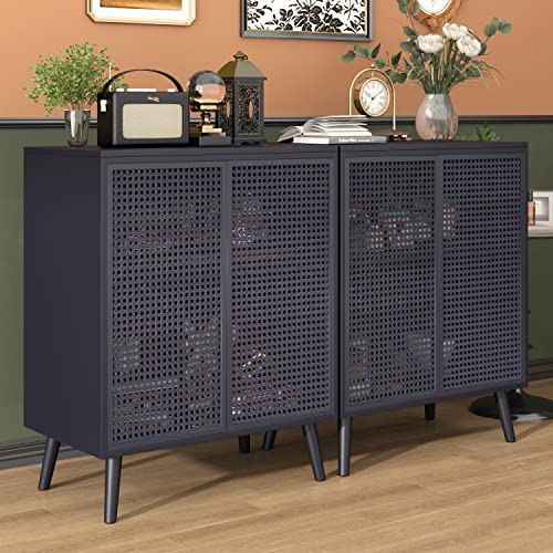 JZXSHD Metal Rattan Accent Cabinet - 2 Door Buffet Storage for Kitchen, Living Room and Hallway, Black JZXSHD