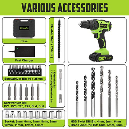 Yougfin Cordless Drill Set, 20V Power Drill Kit with Battery and Charger, 3/8" Keyless Chuck, Variable Speed, 25+1 Torque Setting, 34pcs Accessories