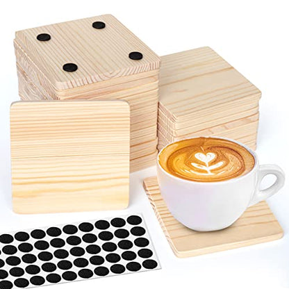 26 Pack Unfinished Wood Coasters, 4 Inch Square Blank Wooden Coasters Crafts Coasters with Non-Slip Silicon Dots for DIY Architectural Models Drawing
