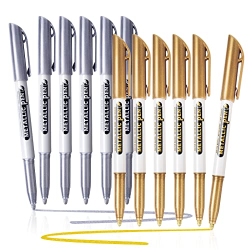 JR.WHITE Metallic Markers Pens, Silver and Gold Paint Pens, Value Set of 12 Metallic Pens for Black Paper, Glass, Rock Painting, Halloween Pumpkin, JR.WHITE