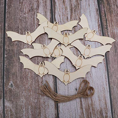 Amosfun 20pcs Unfinished Wood Slices Bat Wood Craft Embellishments Blank Wooden Chip for Halloween DIY Scrapbooking Crafts