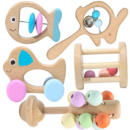 Montessori Mama Wooden Toys for Babies 5-Piece Collection - Multi-Sensory Learning Rattle for Babies - Infant Wooden Toy Set Baby Weights Toys - - WoodArtSupply