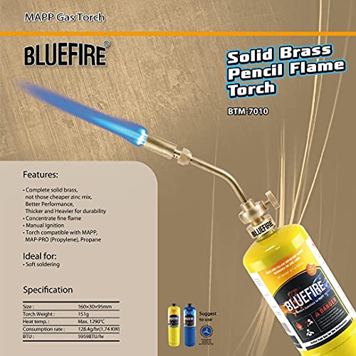 BLUEFIRE Solid Brass Jumbo Pencil Flame Gas Welding Torch Head Nozzle Upgraded Full Metal Version Fuel by MAPP MAP Pro Propane CGA600 Cylinder Bottle MR. TORCH